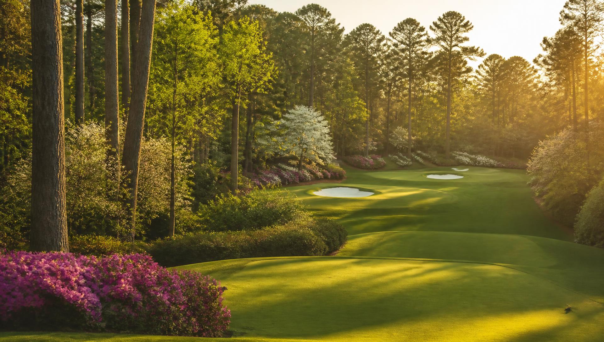 Sunlit fairway lined with azaleas and pines at a championship golf course